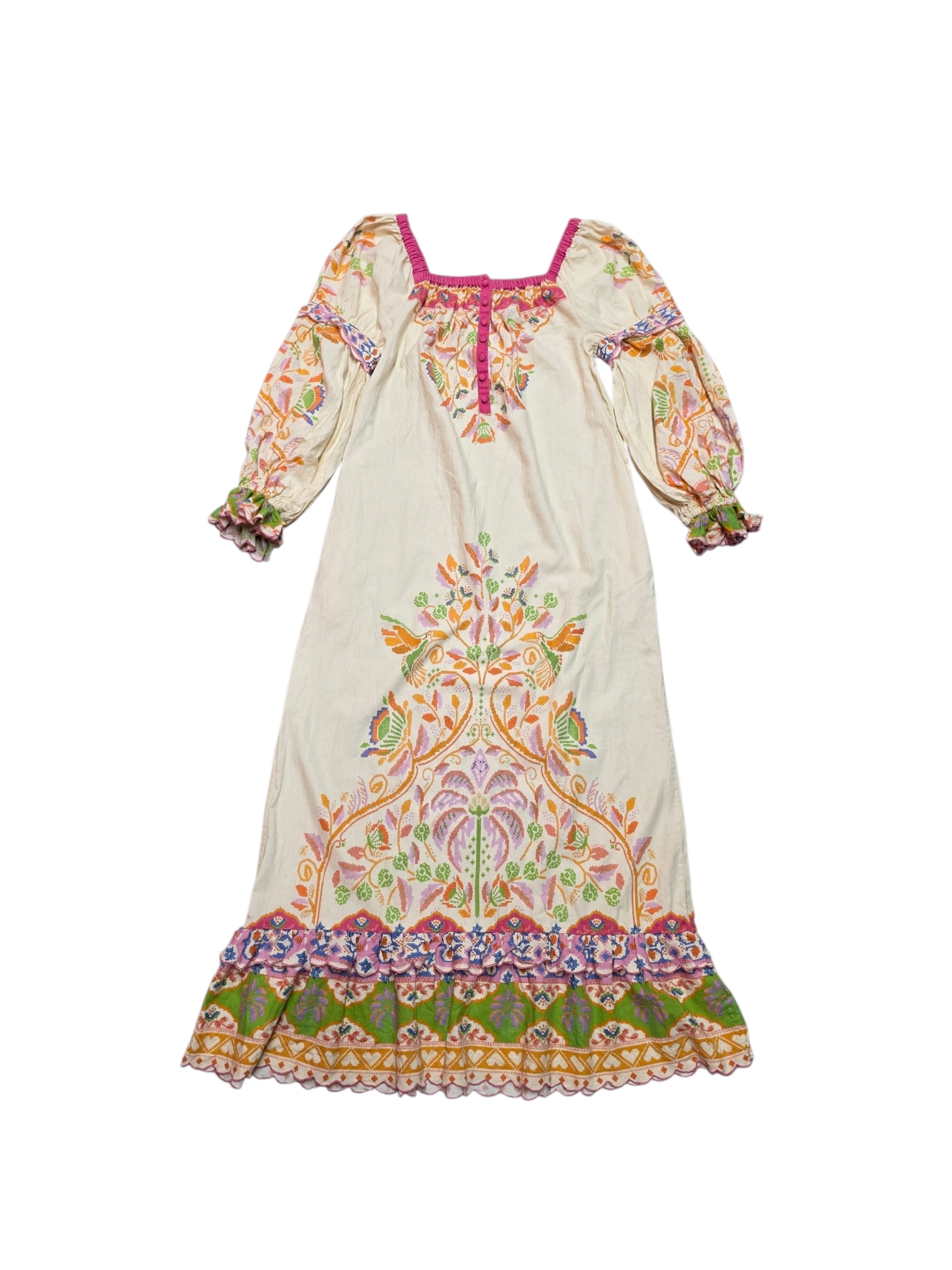 Farm Rio Cream Maxi Dress With Pink Trim And Multicolor Floral Embroidery
